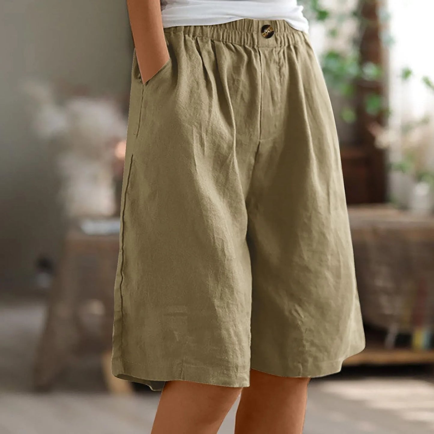 Female Fashion Solid Color Elastic High Waist Pocket Button Up Loose Cotton Linen Five Length Shorts Summer Soft Comfort Pants