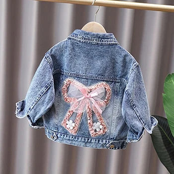 Giacca di jeans per bambine dai 2 ai 12 anni, nuova moda, cappotti in jeans per bambine, grazioso design con coniglietto e fiocco in pizzo, abbigliamento esterno per bambini