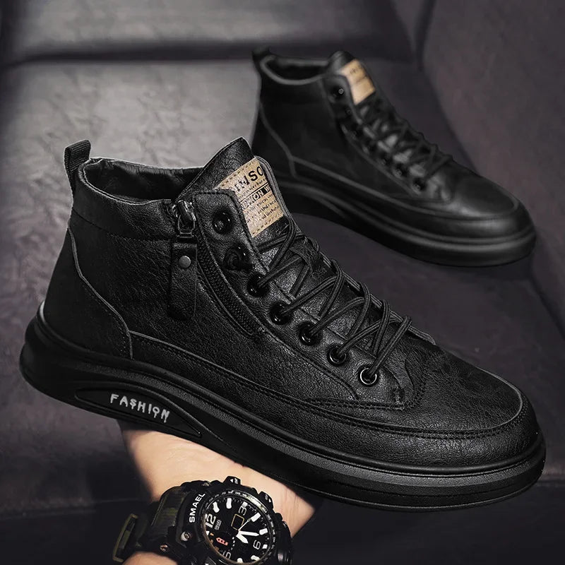 Nuove scarpe alte da uomo, scarpe casual comode in pelle con lacci, scarpe da skate alla moda, stivali da uomo impermeabili e di tendenza, Zapatos Homme