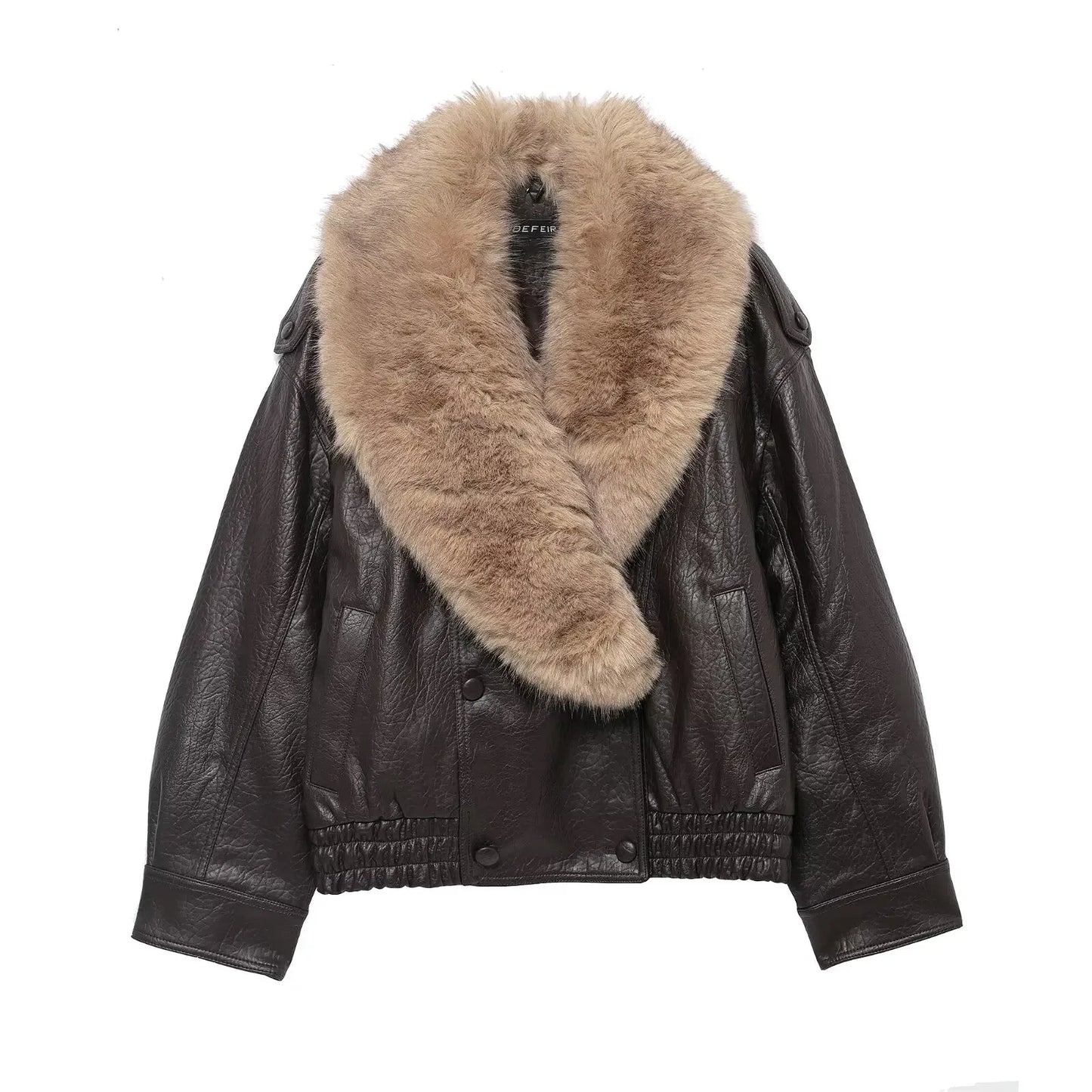 HH Women 2026 New Fashion Vintage Faux Fur Collar Jackets Long Sleeve Faux Leather Jacket Autumn High Street Lady Chic Outwear