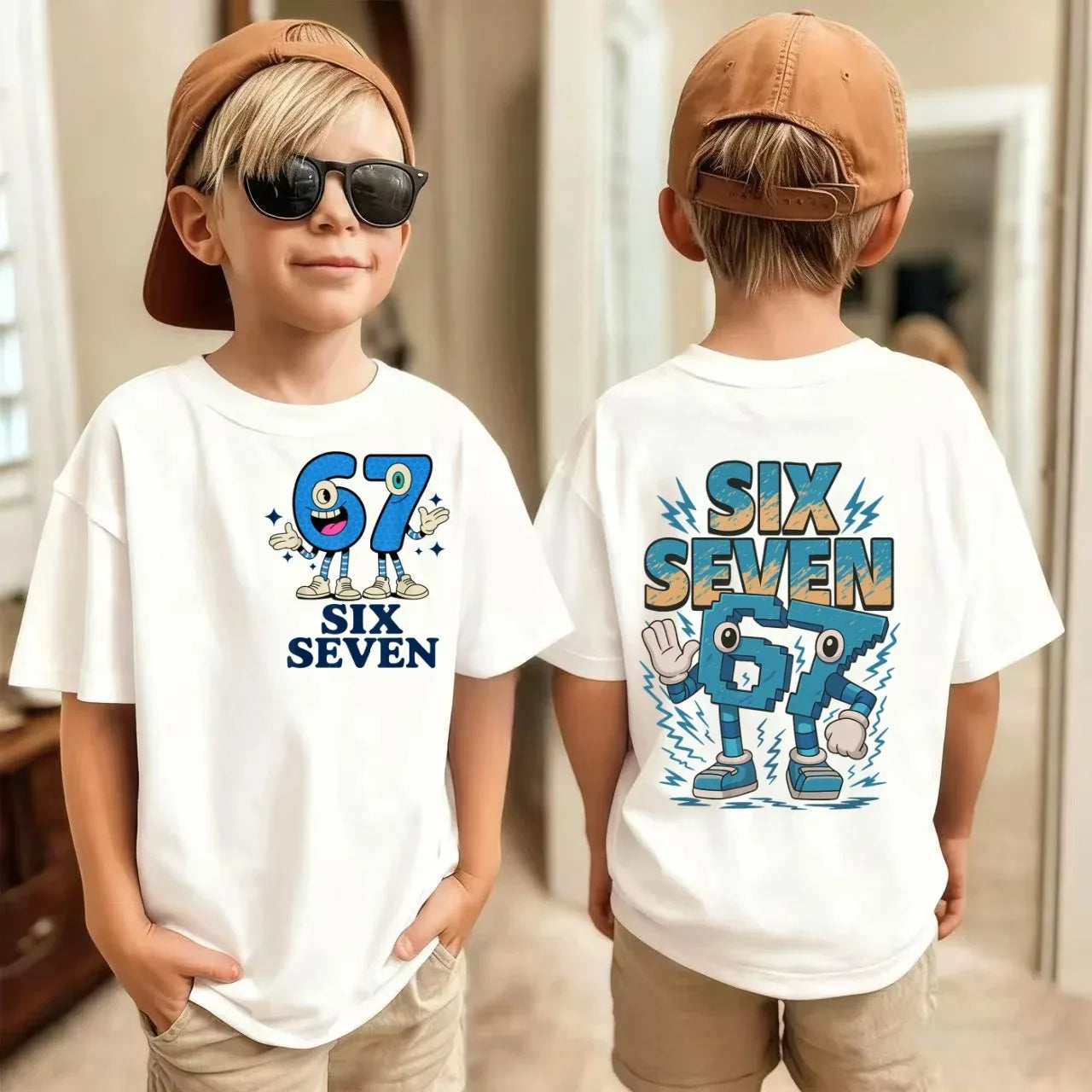 Maglietta estiva per bambini in cotone, casual, alla moda, abbigliamento per bambini, 67 Sei Sette, stampa carina, trendy, per ragazzi e ragazze, magliette a maniche corte.