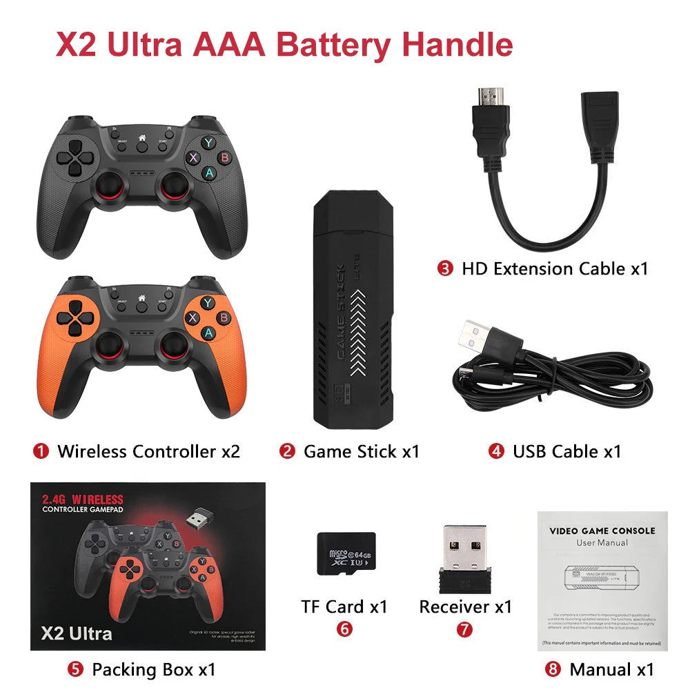 X2 Ultra Pro Retro Game Stick 64GB/128GB Console di gioco portatile con video 4K e controller wireless, compatibile con i formati di gioco FC e GBC.