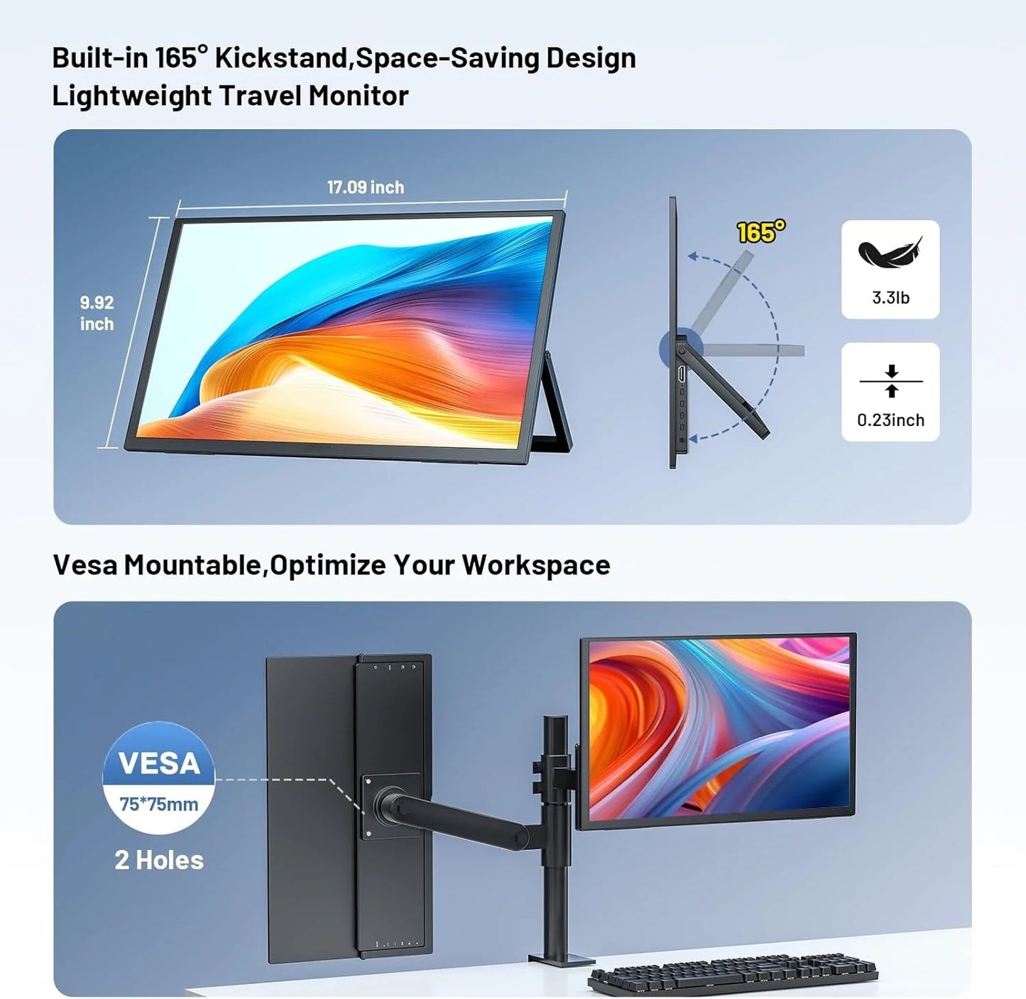 UPERFECT 18.5 Inch 4K Portable Monitor Gaming PC Displays IPS HDR Laptop TV External Second Screen With VESA Stand Type-C HDMI