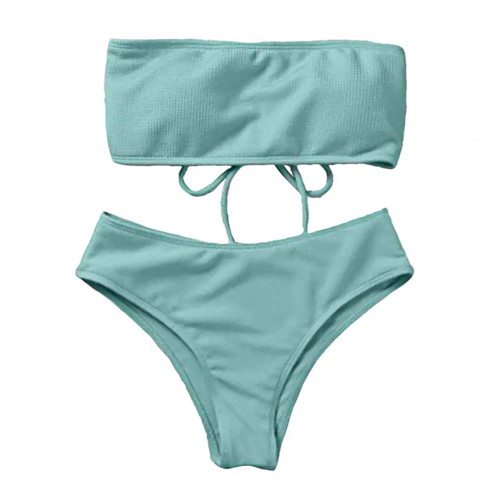 Women Beach Suit Chest Pad No Underwire High Waist Bathing Two-piece Set Bandeau Swimming Trunks Split Bikini Set Beachwear 80%