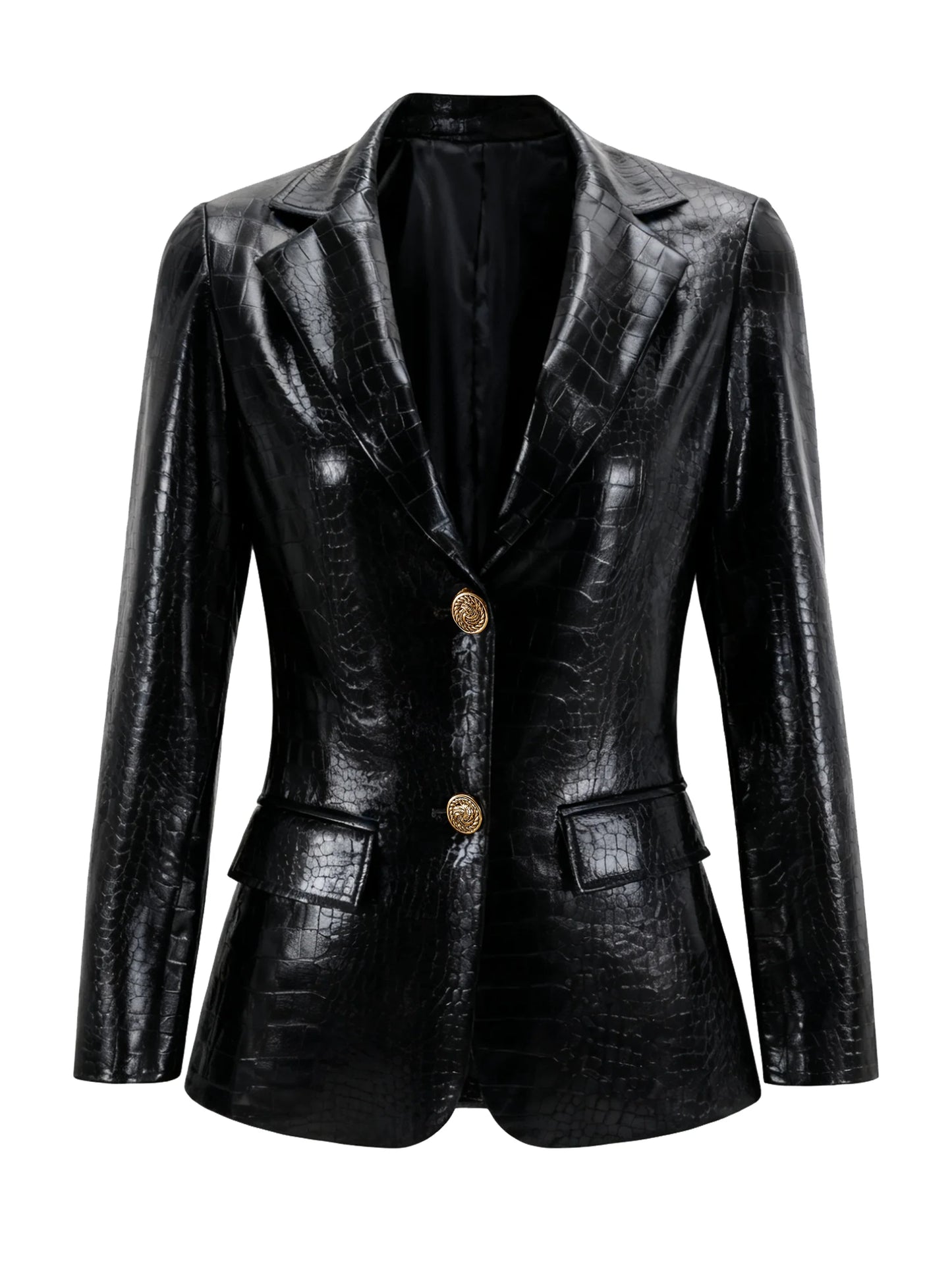 Women's Crocodile PU Leather Blazer, Retro Brown Fitted Jacket for Office & Professional Wear, All-Season Elegant Coat