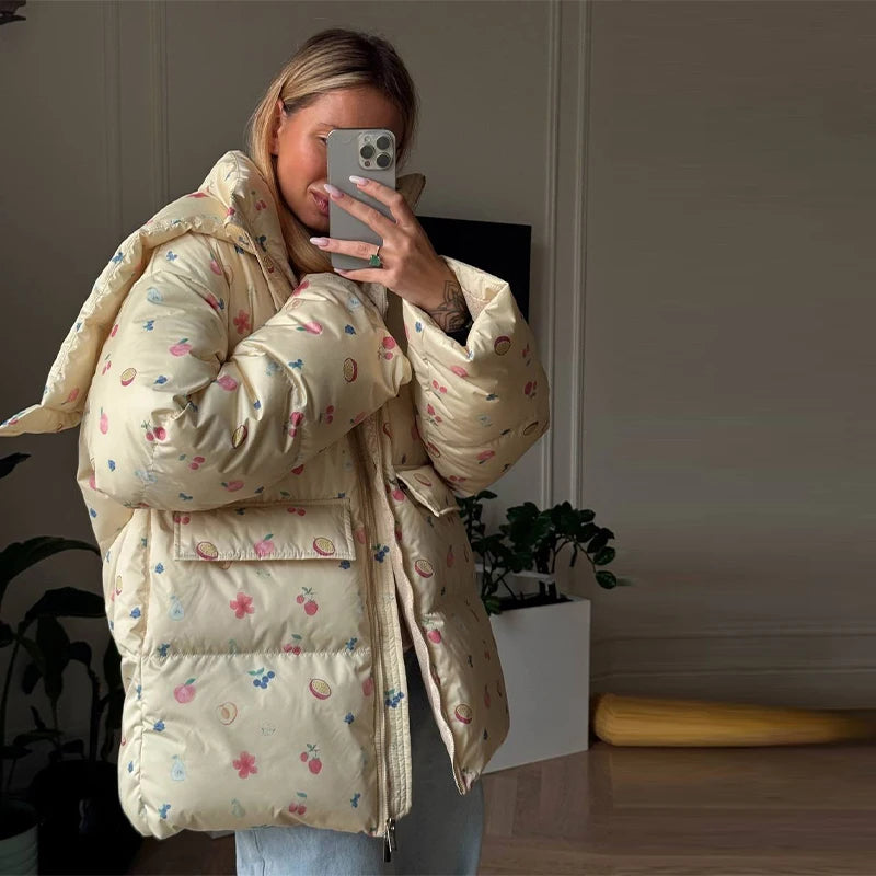 Print Oversized Hoodie Puffer Jacket Women Stand Collar Full Sleeve Sherpa Lined Pocket Zipper Coat 2026 Winter Warm Snowear