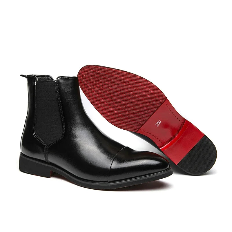 Stivali Chelsea da uomo con suola rossa, scarpe eleganti nere da uomo con punta a punta, stivali corti da uomo alla moda in Inghilterra.