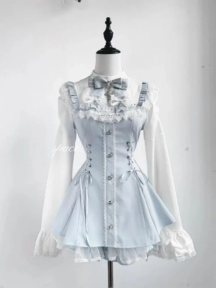 Set di abiti con fiocco in stile giapponese dolce, pantaloncini, abiti da donna a maniche lunghe e camicia a quadri, stile Kawaii Lolita, Y2k