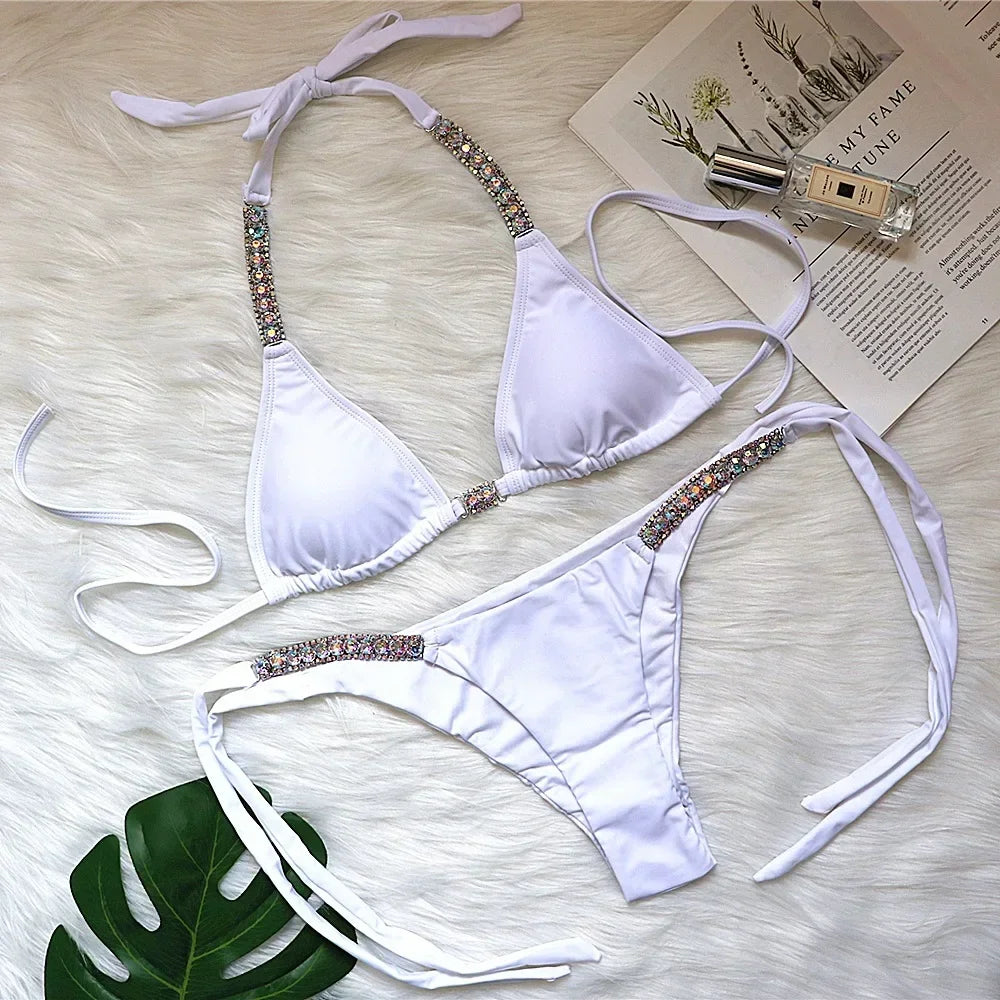 4 Colors Sexy Bikini Women Solid Luxe Rhinestone Bandage Halter Swimwear Swimsuit Female Bikinis Set Bathing Suit Beach Thong