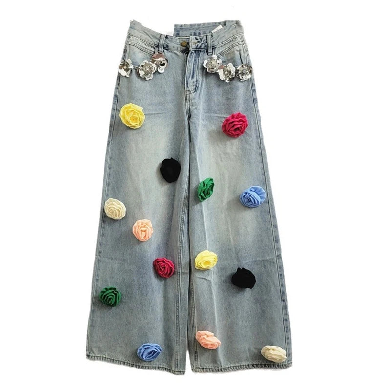 DEAT 2024 Moda Autunno Nuovi Articoli Jeans da Donna con Decorazione Floreale e Paillettes, Vita Alta, Gamba Ampia, Denim 11A0521