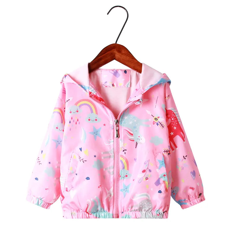 Giacca primaverile per bambine, cappotti con cappuccio, motivo unicorno arcobaleno, abbigliamento per bambine, capospalla, giacca a vento per bambini, giacche autunnali per bambine.