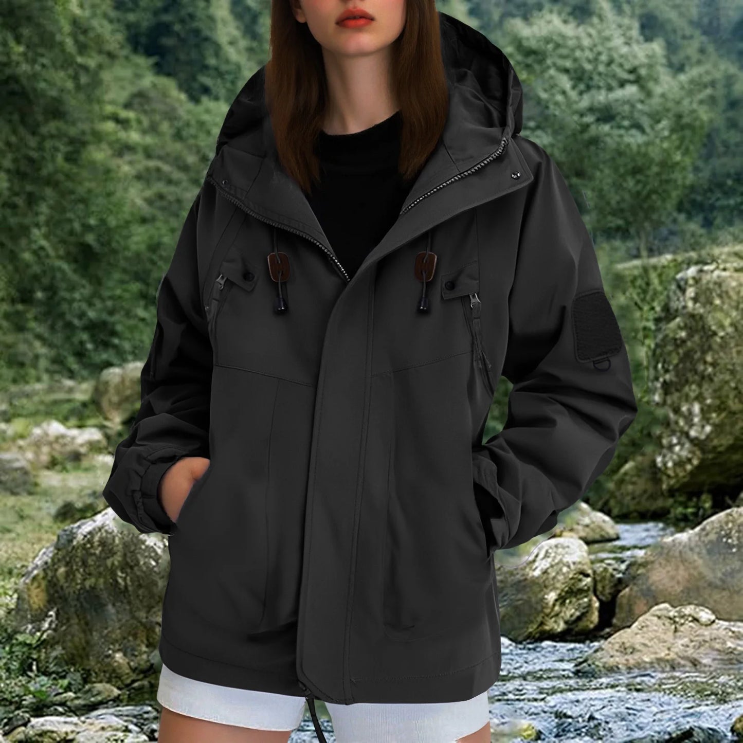 Women Waterproof Softshell Jacket Hiking Camping Climbing Trekking Hooded Jacket Windbreaker Women Casual Sporty Rain Coat Veste