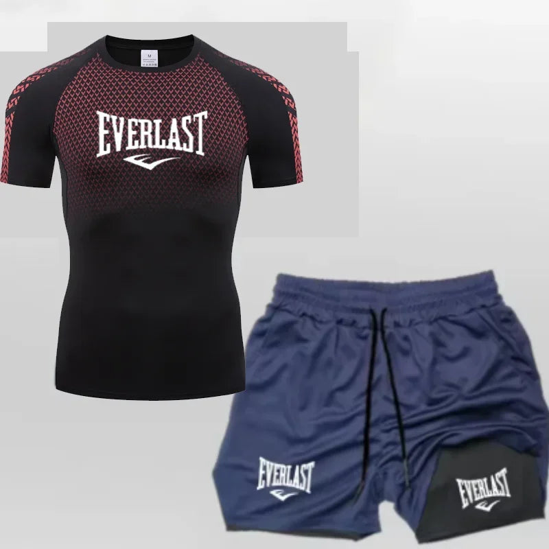 EVERLAST Maglietta a compressione da uomo + pantaloncini sportivi 2 in 1 Set 2 pezzi Tempo libero Traspirante Manica corta Sport Jogging Palestra Abbigliamento di marca Stampa