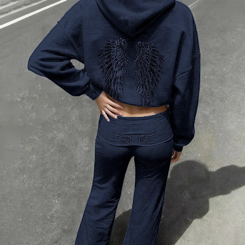 Felpa con cappuccio e pantaloni da donna autunno inverno, set da 2 pezzi, tinta unita, vintage, lucida, con stampa ad ali, manica lunga, con cerniera, casual, streetwear