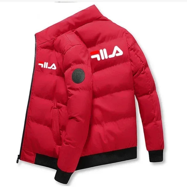 Cappotto corto caldo da uomo Autunno/Inverno 2025, giacca antivento casual stampata con cerniera, ideale per attività all'aperto e stile streetwear.