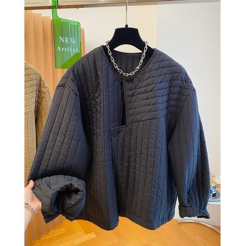 Crew neck light cotton clothes women's autumn and winter 2025 new casual irregular placket padded jacket top