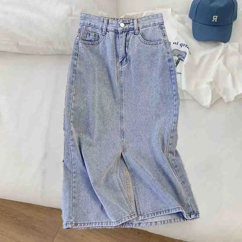 Retro High Waist Midi A- Line Mini Skirt Women's Denim Skirt Spring Fresh Sweet School Style No Stretch Crossbody Skirt
