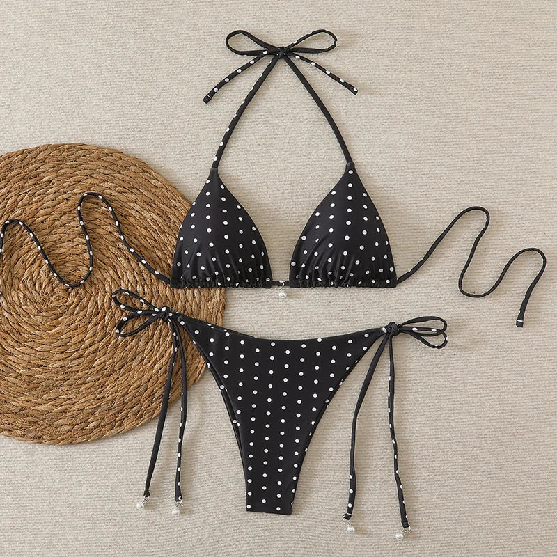 Set di micro bikini sexy con stampa a pois e perle, costume da bagno 2026, abbigliamento da spiaggia per donna, bikini estivo da spiaggia, costume da bagno a due pezzi