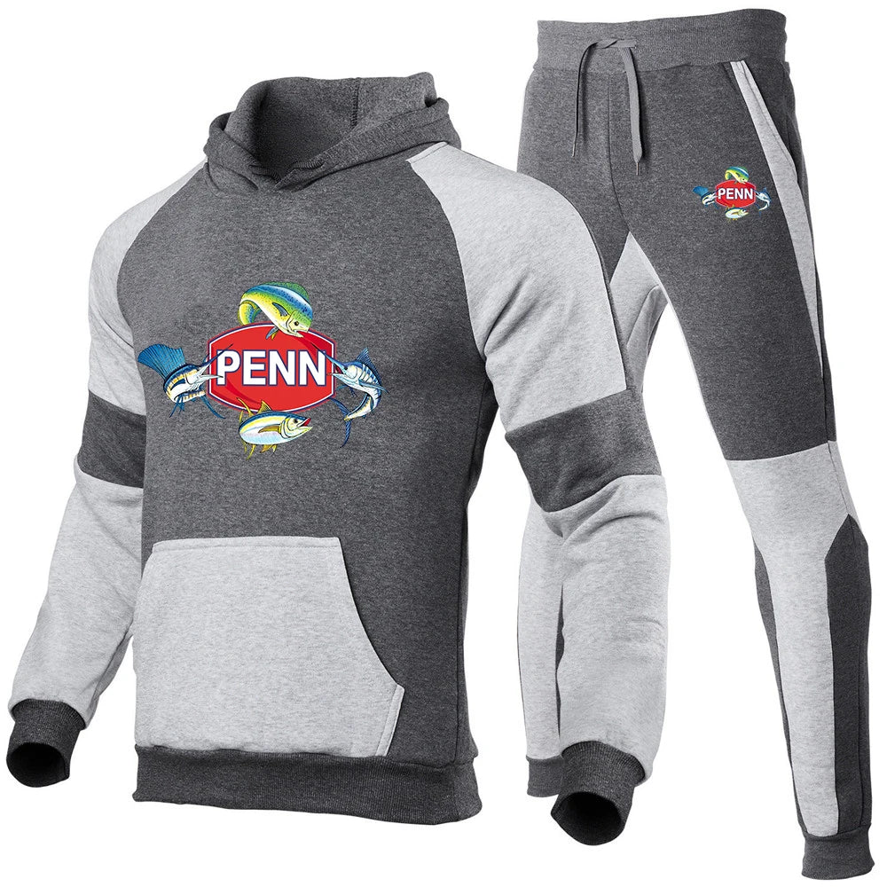 Penn Fishing Reel 2023 Men New Sets Spring and Autumn Brand Popular Print Fashion Color Matching Hoodie + Pants Two-piece Set