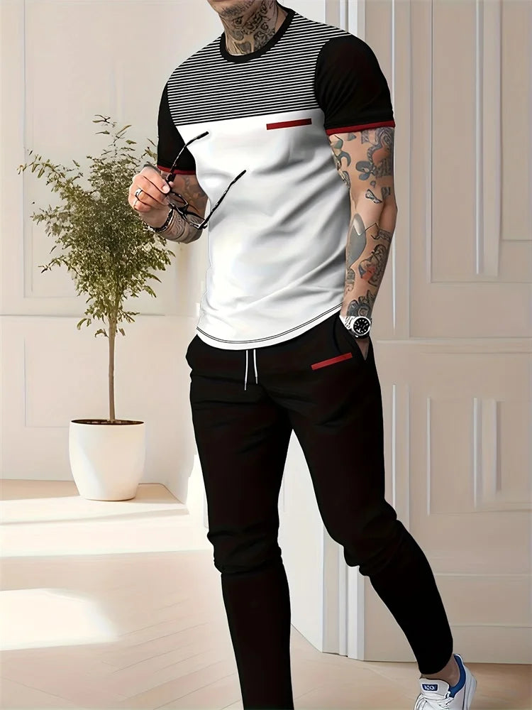 Completo da uomo casual con cerniera e pantaloni lunghi a maniche corte, sottili, con stampa 3D astratta, completo da uomo a 2 pezzi con pantaloni lunghi, stile urbano e casual.