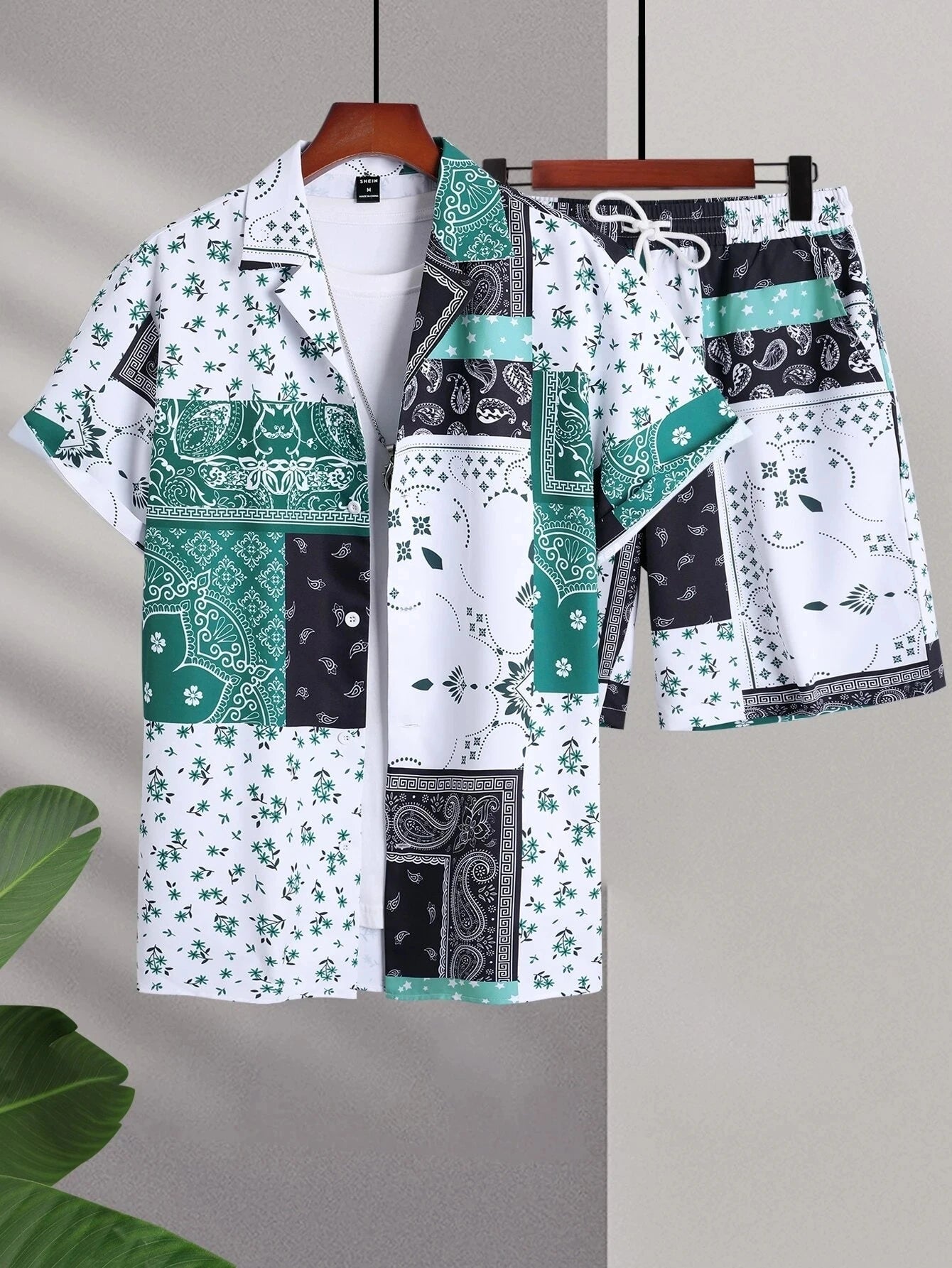 Completo uomo 2024 con stampa patchwork, risvolto, maniche corte, camicia casual, pantaloncini da spiaggia, abbigliamento streetwear estivo, vacanze, completo hawaiano, taglie S-5XL.