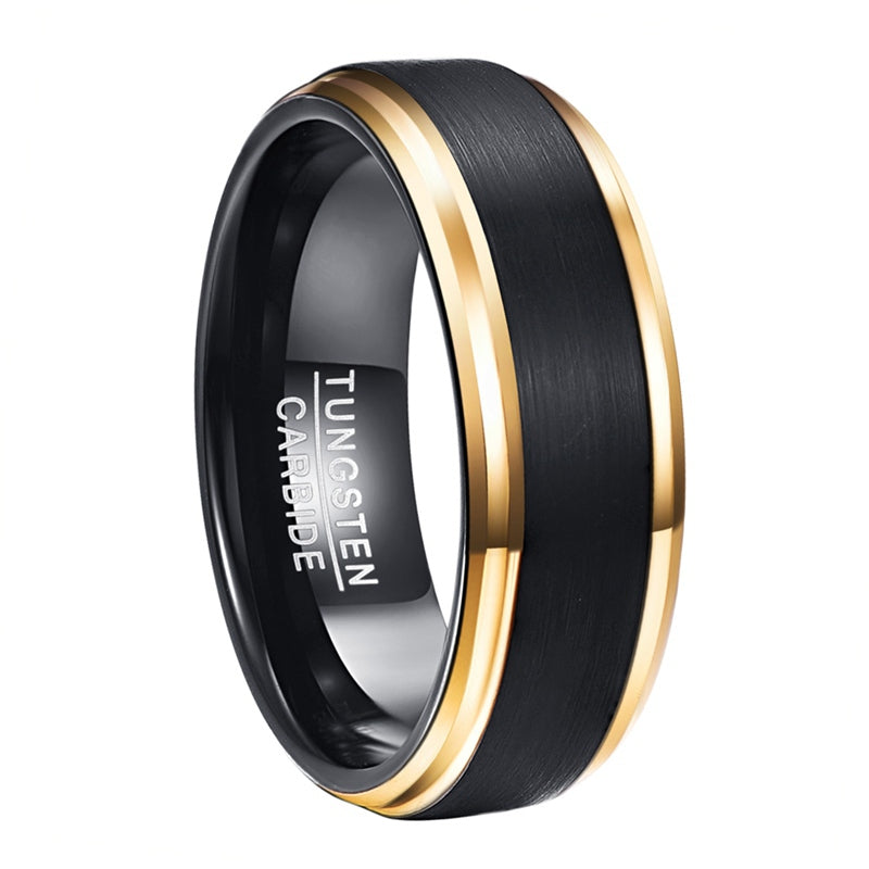 Anello da uomo in tungsteno, larghezza 8 mm, placcatura sottovuoto, bordo dorato, superficie nera opaca, taglie USA 7-15.
