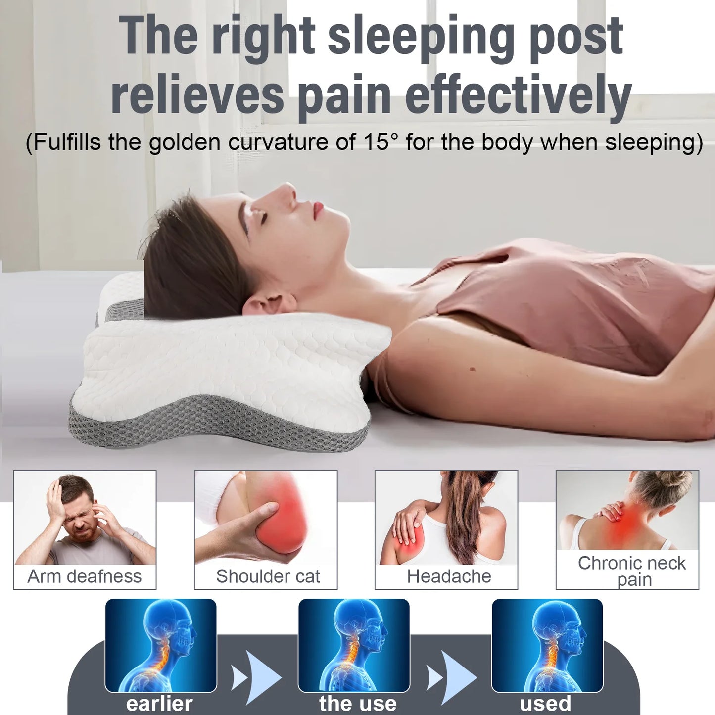 Cuscino ergonomico ortopedico a forma di farfalla in memory foam per il collo, per alleviare il dolore cervicale, supporto per spalle e testa, con fodera.