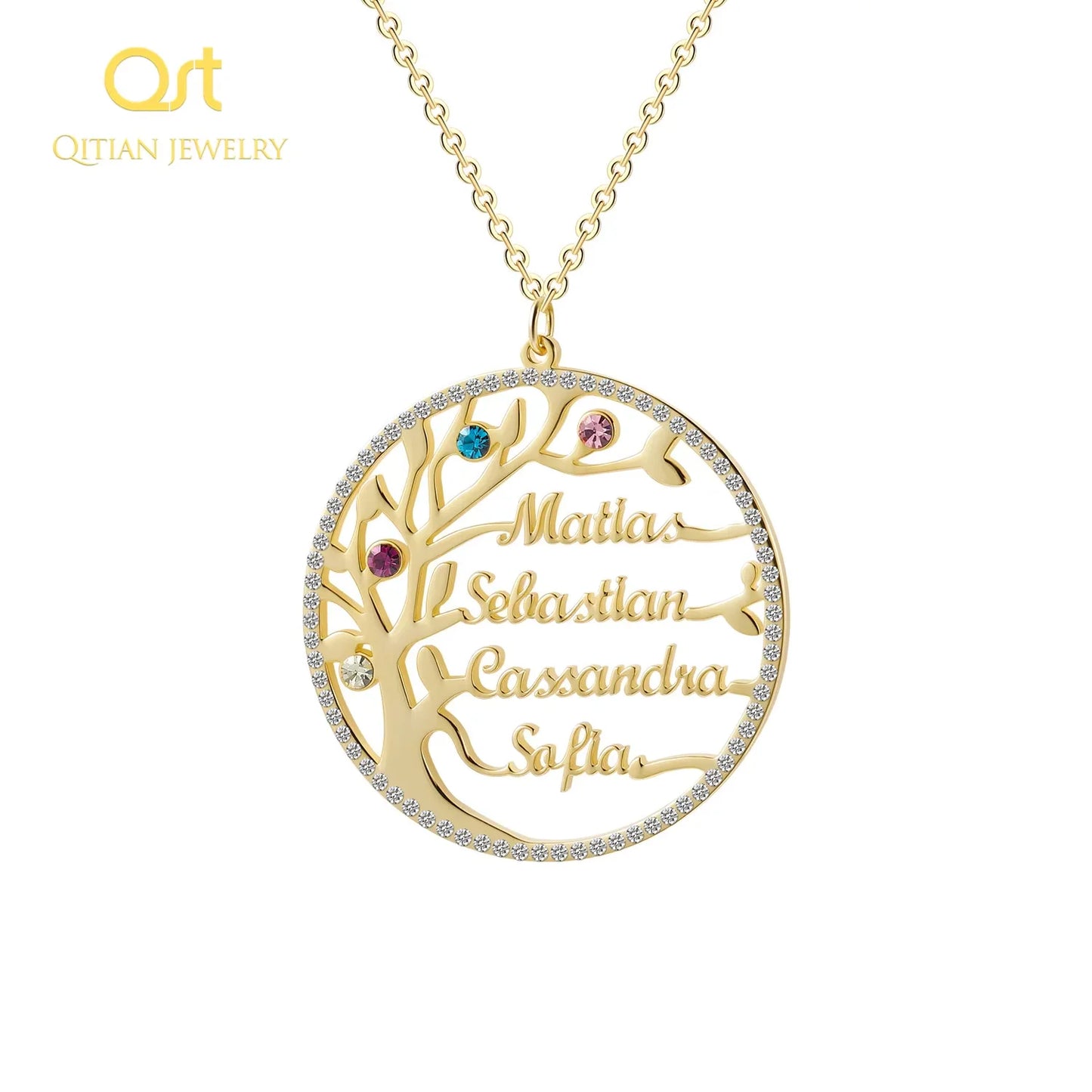 Collana personalizzata con nome dell'albero genealogico e ciondolo in cristallo con pietra portafortuna. Incisione del nome, catena in acciaio inossidabile, gioiello, regalo di Natale.