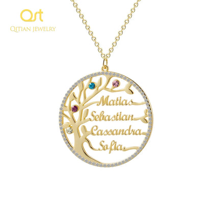 Collana personalizzata con nome dell'albero genealogico e ciondolo in cristallo con pietra portafortuna. Incisione del nome, catena in acciaio inossidabile, gioiello, regalo di Natale.