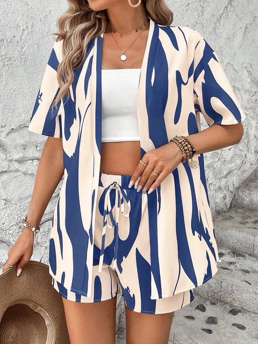 Women's Colorblock Asymmetrical Print Cardigan & Shorts Set, Fashionable Two-Piece, Comfortable Casual Wear for Daily Use