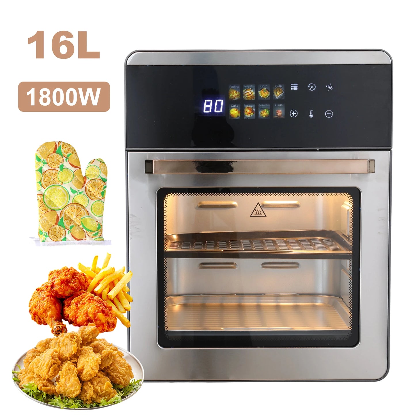 Forno friggitrice ad aria da 16 litri, 1800 W con circolazione dell'aria calda a 360°, touchscreen digitale per cottura senza olio, formato famiglia