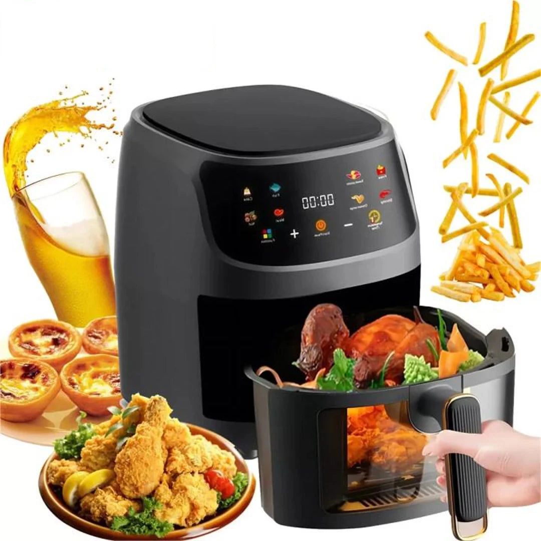 Friggitrice ad aria OWJHE 5L 8 in 1 Forno elettrico caldo con schermo LED digitale Finestra visibile Max 200°C 2400W Nuova friggitrice senza grassi nera