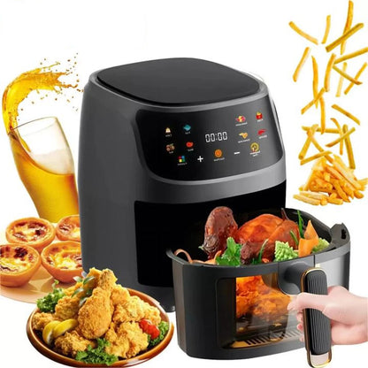 Friggitrice ad aria OWJHE 5L 8 in 1 Forno elettrico caldo con schermo LED digitale Finestra visibile Max 200°C 2400W Nuova friggitrice senza grassi nera