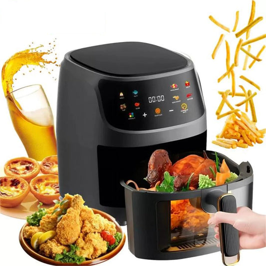 Friggitrice ad aria OWJHE 5L 8 in 1 Forno elettrico caldo con schermo LED digitale Finestra visibile Max 200°C 2400W Nuova friggitrice senza grassi nera