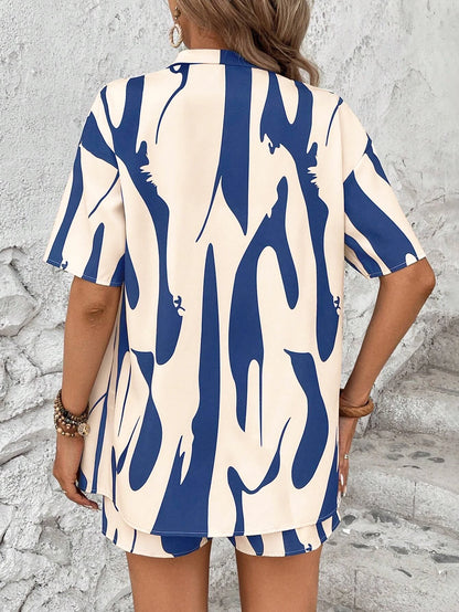 Women's Colorblock Asymmetrical Print Cardigan & Shorts Set, Fashionable Two-Piece, Comfortable Casual Wear for Daily Use