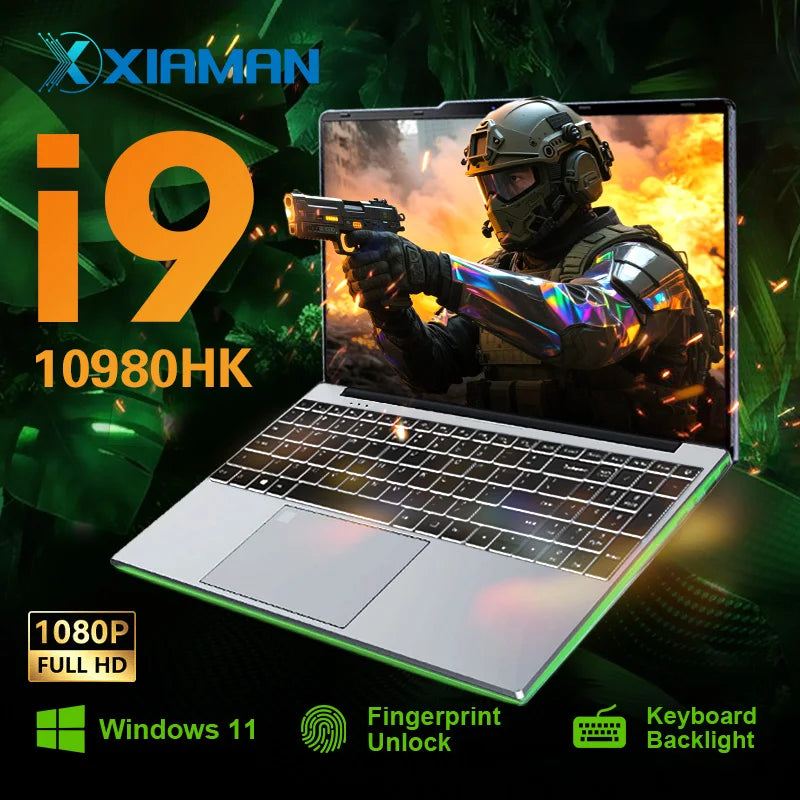 Nuovo laptop da gaming Xiaman con processore Intel Core i9-10980HK, schermo IPS Full HD da 15,6" con risoluzione 1920*1080, 16 GB di RAM, SSD da 1 TB e sistema operativo Windows 11.