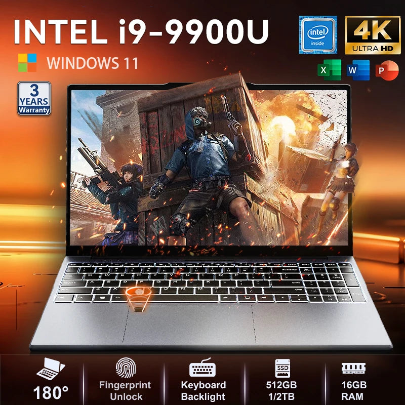Windows 11 Laptop ultra sottile da 15,6" portatile Intel Core i9-9900U 16GB RAM 1TB 2TB SSD Lettore di impronte digitali Laptop per ufficio e gaming PC