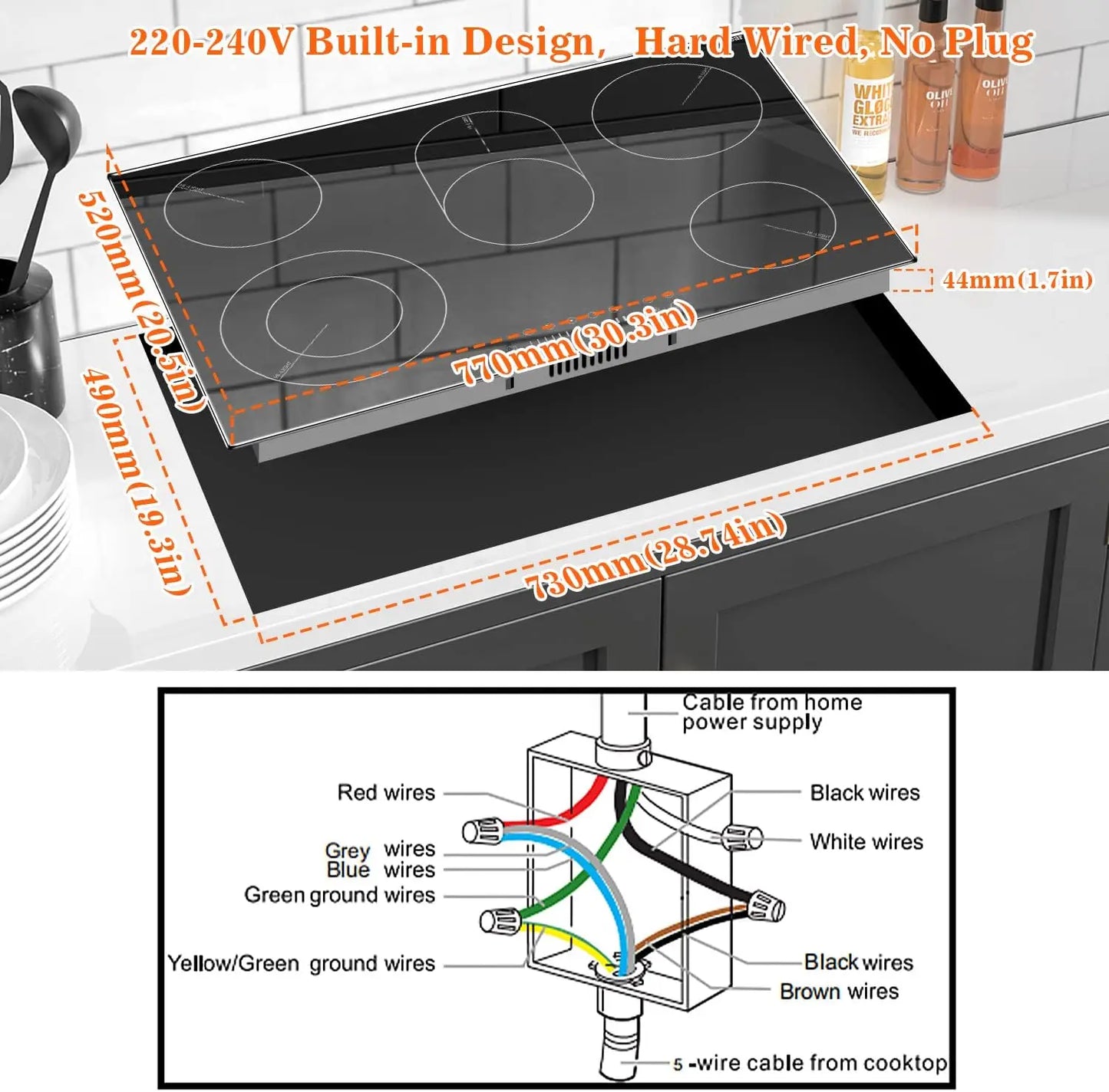 Piano cottura elettrico Karinear da 30 pollici, 8400 W, 5 fuochi, piano cottura elettrico da incasso in ceramica con telaio, 220-240 V, cablaggio fisso