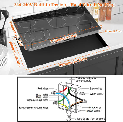 Piano cottura elettrico Karinear da 30 pollici, piano cottura elettrico a 5 fuochi da 8400 W, piano cottura in ceramica integrato con telaio, 220-240 V, cablaggio fisso