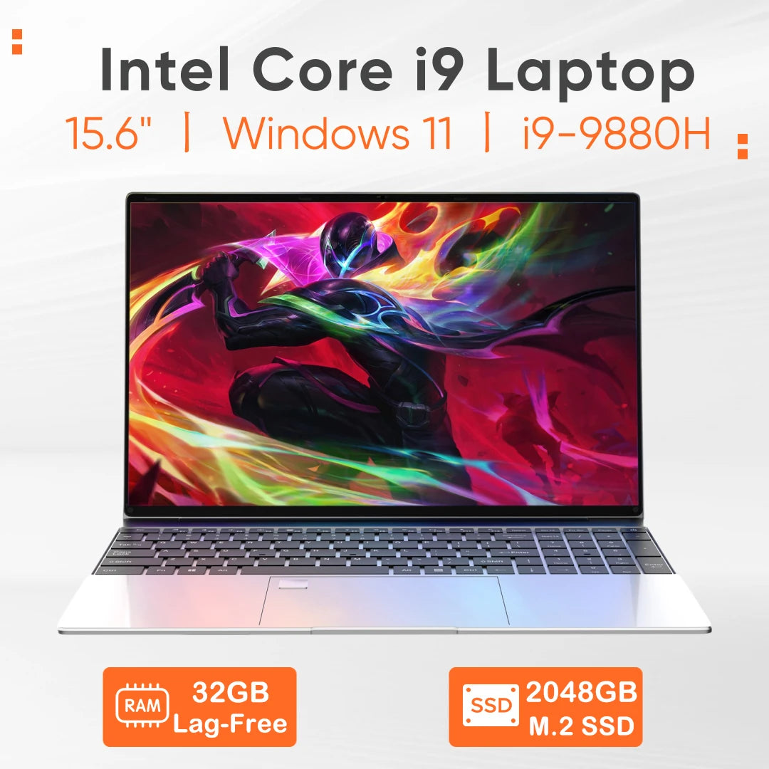 Nuovo laptop da 15,6" Intel Core i9-9880H 32 GB 2 TB PC da gioco ultra sottile per ufficio e studio Windows 11 Pro 1920*1080 HD