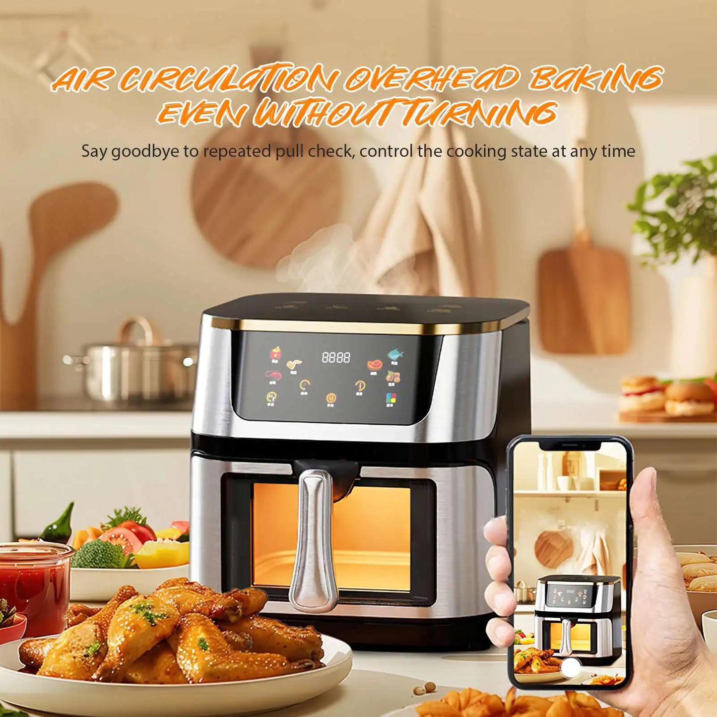 Friggitrice ad aria elettrica ad alta capacità visibile in acciaio inossidabile da 8 litri, forno ad aria multifunzione, touch screen a LED, alta temperatura a 210 °