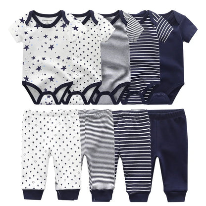 Abbigliamento unisex per neonati in cotone, 6/9/10 pezzi, body e pantaloni, maniche corte, per neonati maschietti.