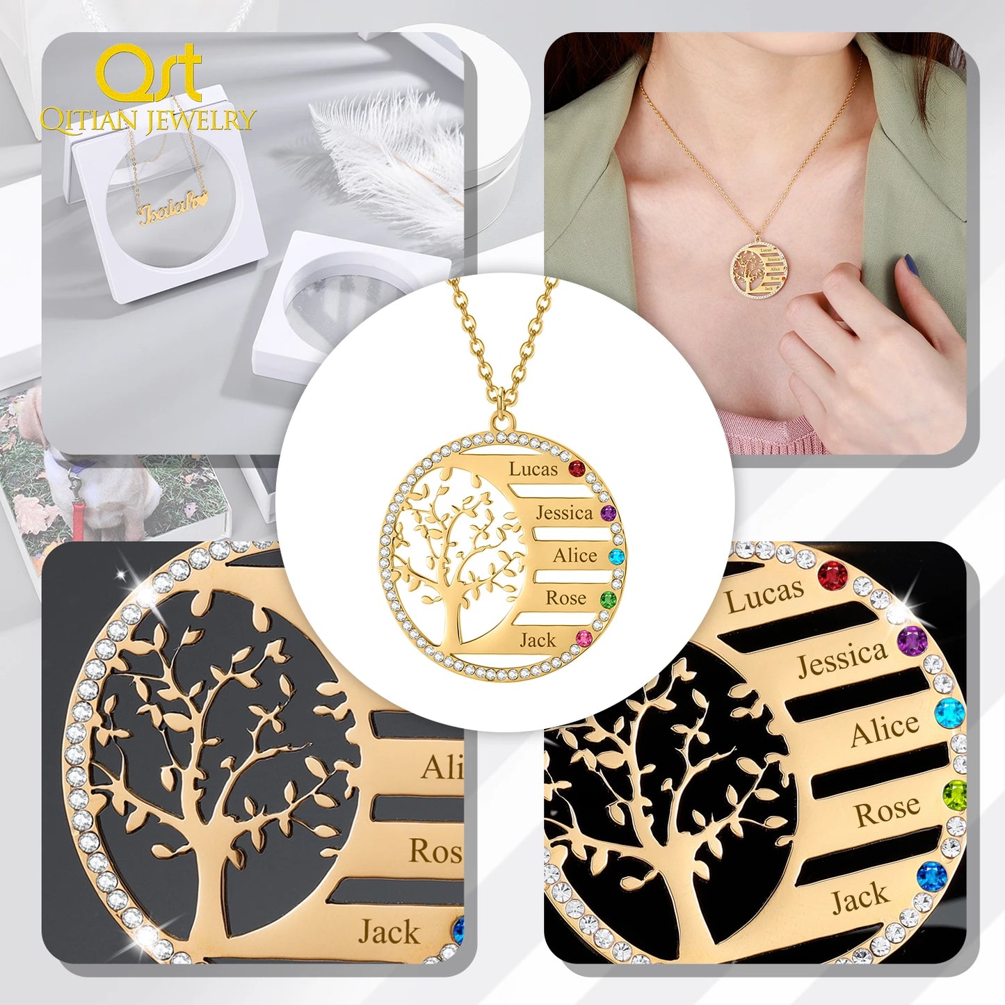 Collana personalizzata con nome dell'albero genealogico e ciondolo in cristallo con pietra portafortuna. Incisione del nome, catena in acciaio inossidabile, gioiello, regalo di Natale.