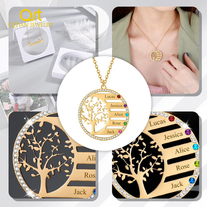 Collana personalizzata con nome dell'albero genealogico e ciondolo in cristallo con pietra portafortuna. Incisione del nome, catena in acciaio inossidabile, gioiello, regalo di Natale.