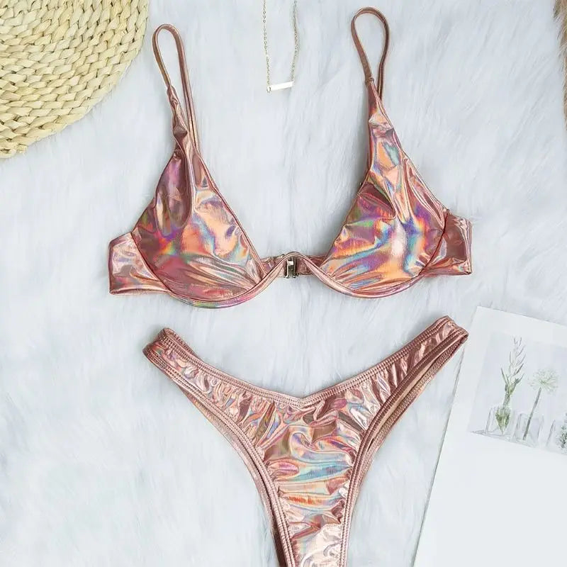 Women Summer Sexy Brazilian Bikini Set Holographic Shiny Metallic Swimsuit Push Up Padded Underwire Triangle Bathing Suit Beachw