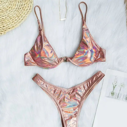 Women Summer Sexy Brazilian Bikini Set Holographic Shiny Metallic Swimsuit Push Up Padded Underwire Triangle Bathing Suit Beachw