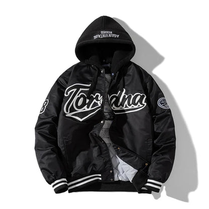 Giacca invernale vintage uomo donna, giacca da baseball hip hop, ricamo con lettere, streetwear, cappotto con cappuccio, abbigliamento casual alla moda per coppie.