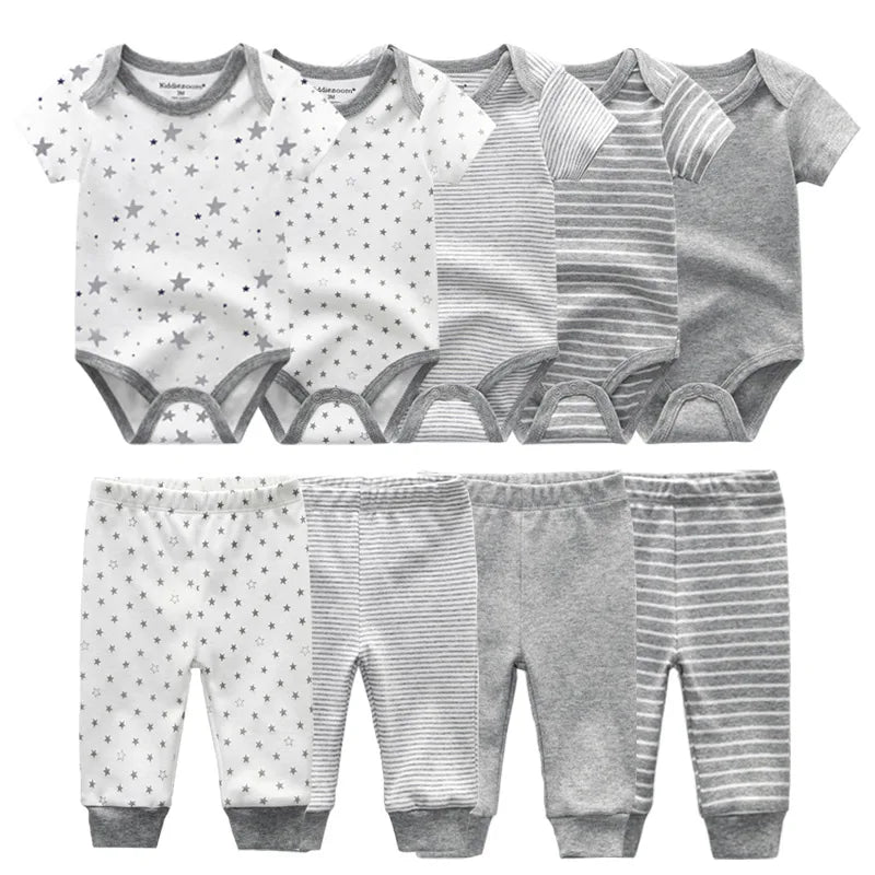 Abbigliamento unisex per neonati in cotone, 6/9/10 pezzi, body e pantaloni, maniche corte, per neonati maschietti.