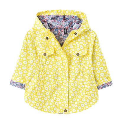 Nuova giacca/cappotto primavera/autunno 2025 per ragazze, giacca a vento con fiori, giacca a mezza lunghezza con cappuccio in vita, abbigliamento per bambini