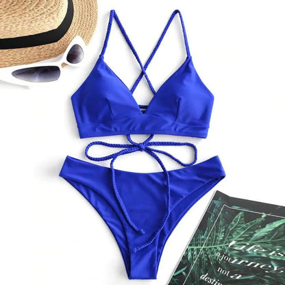 Melphieer 2025 Nuovo Bikini con spalline intrecciate rosso vino, set bikini brasiliano con schiena incrociata, costume da bagno da donna